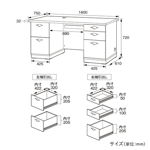 国産役員用両袖デスク(W1600×D750×H720)